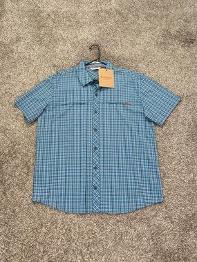 Simms Short Sleeve Shirt Blue White Mens L Fishing Stretch Fishing Outdoors